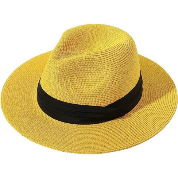 Women Wide Brim Straw Panama Roll up Hat Yellow